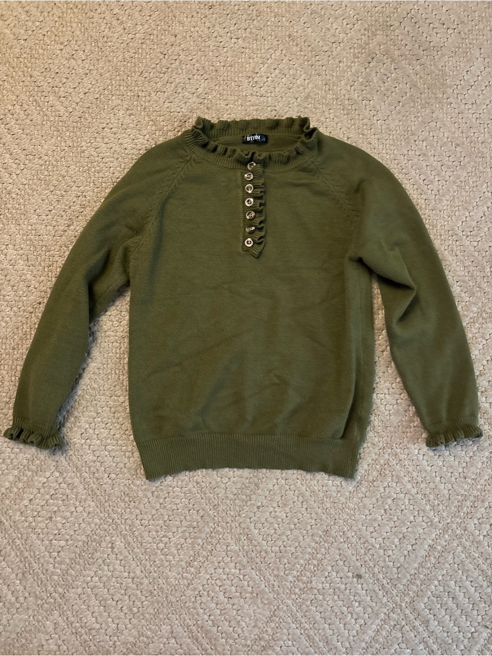Ruffled Henley Sweater - Olive Green